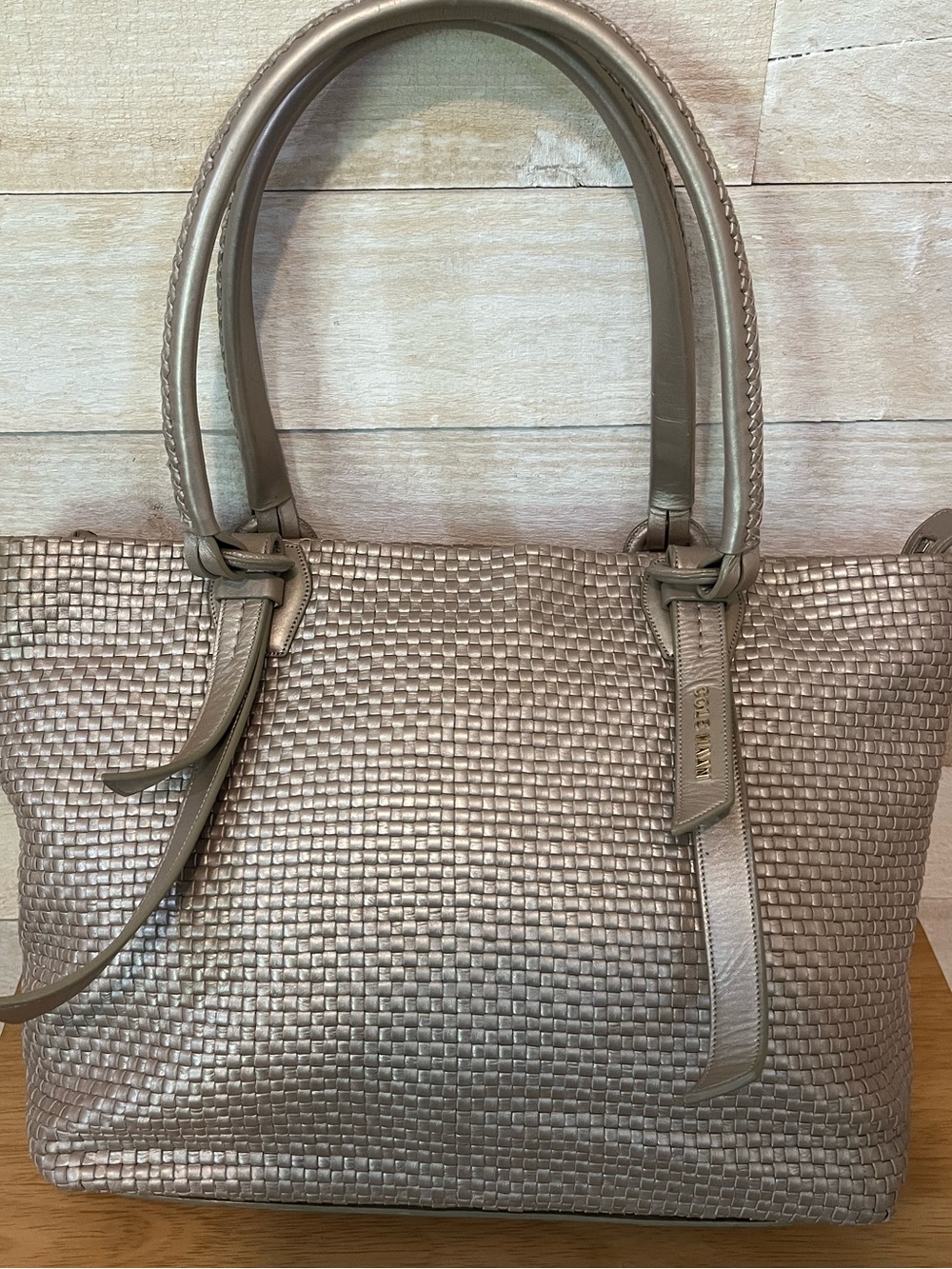 Cole Haan Tan Metallic Woven Tote Minimalist Style